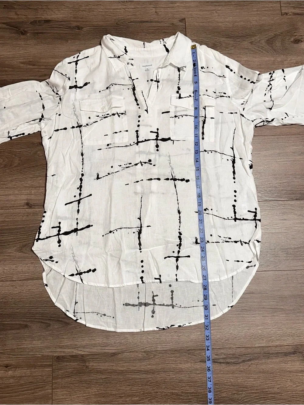 Linen Blend Button-Down Shirt with Black Abstract Print Short Sleeve Shirt